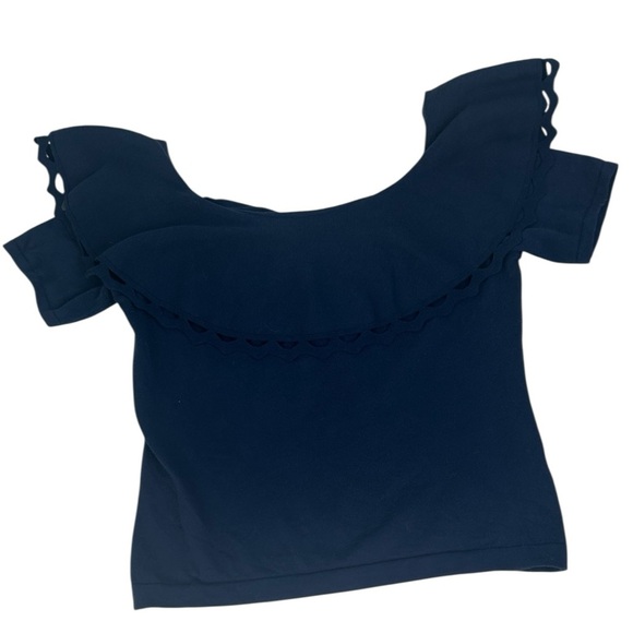 CeCe Navy Blue Knit Top Lightweight Sweater Crop Off Shoulder Women SZ Medium - Picture 5 of 9